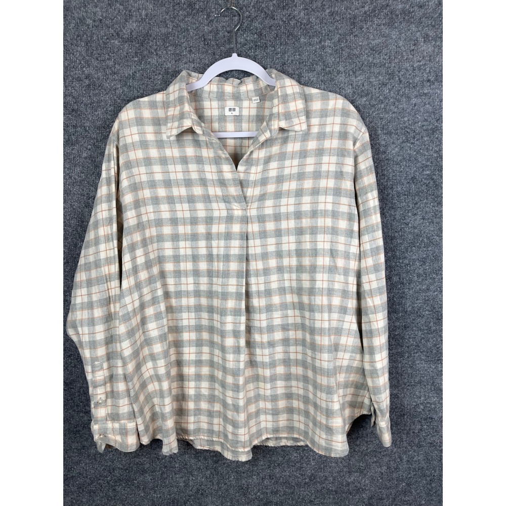 Uniqlo Flannel Shirt Womens XL Grey Plaid Excellent Cotton Long Sleeve Button Up